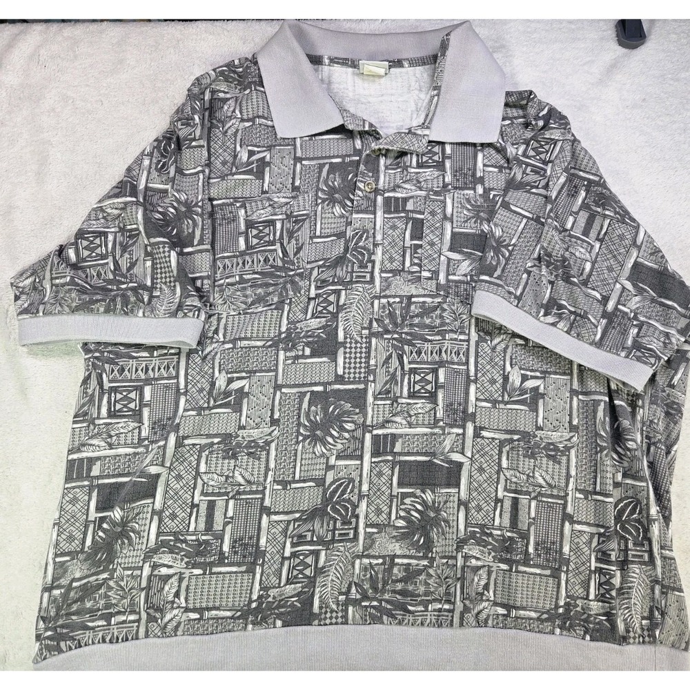 Haband Polo Shirt Mens XL Gray Tropical Print Vintage Resort Casual Short Sleeve